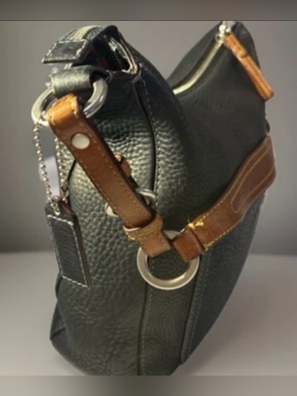 COACH Hobo Black Pebbled Leather Bag/Purse Brown shoulder Strap Zip Close - Picture 8 of 16